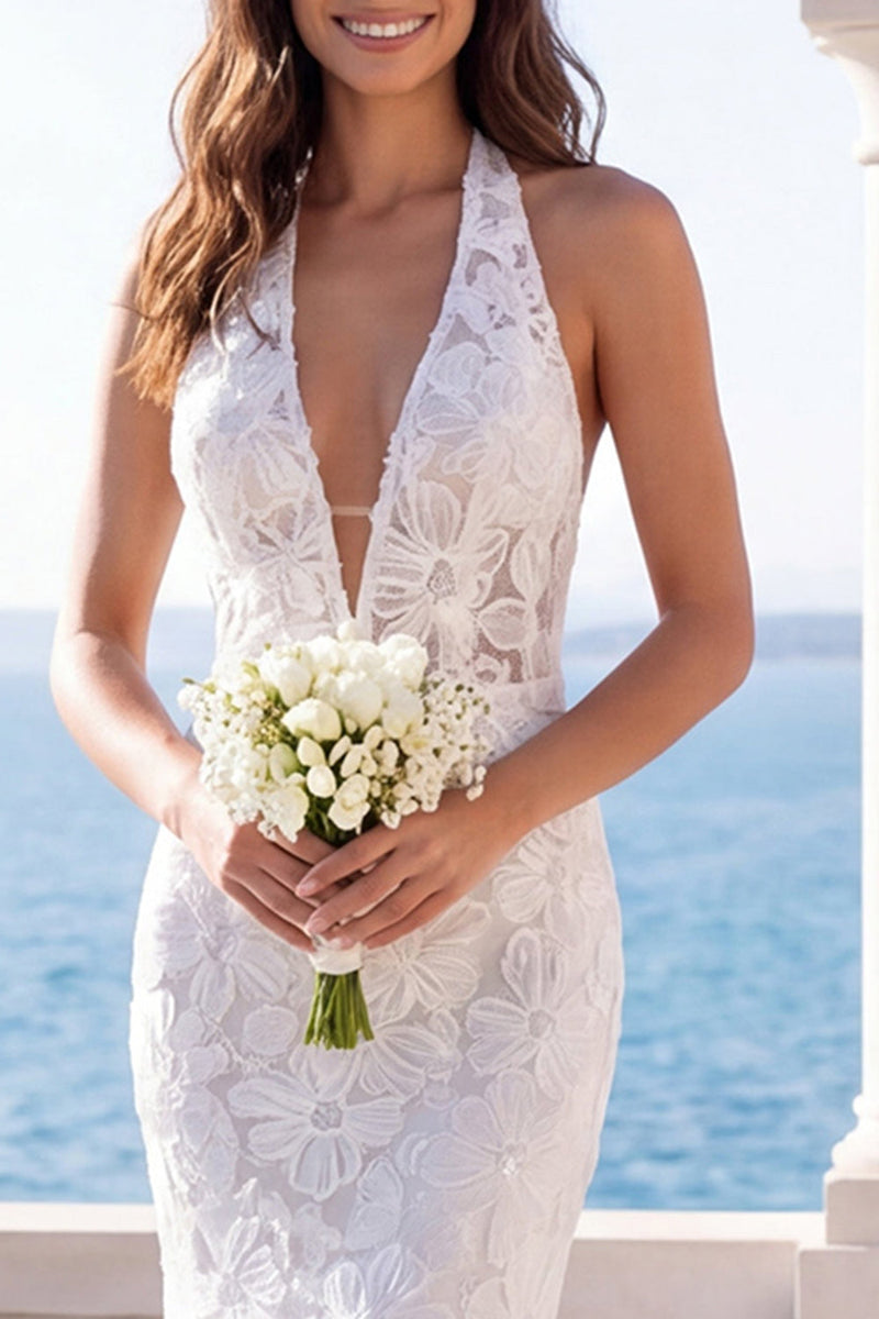 Load image into Gallery viewer, Mermaid Ivory Floral Halter Backless Lace Sweep Train Wedding Dress