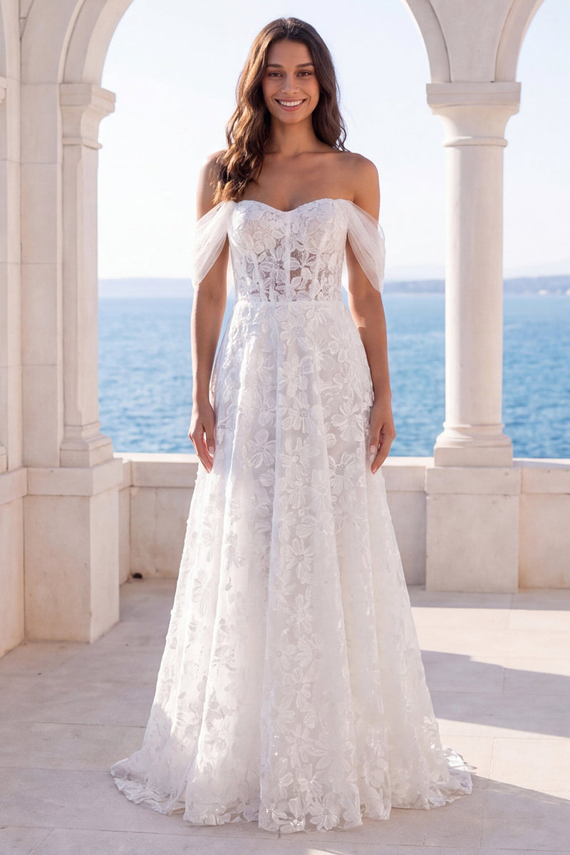 Load image into Gallery viewer, Ivory Off the Shoulder Lace Floral A Line Sweep Train Corset Boho Wedding Dress