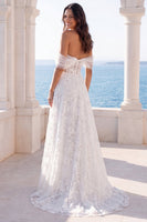 Load image into Gallery viewer, Ivory Off the Shoulder Lace Floral A Line Sweep Train Corset Boho Wedding Dress