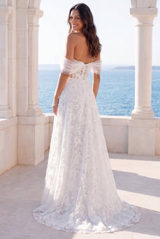 Ivory Off the Shoulder Lace Floral A Line Sweep Train Corset Boho Wedding Dress