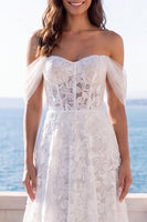Load image into Gallery viewer, Ivory Off the Shoulder Lace Floral A Line Sweep Train Corset Boho Wedding Dress