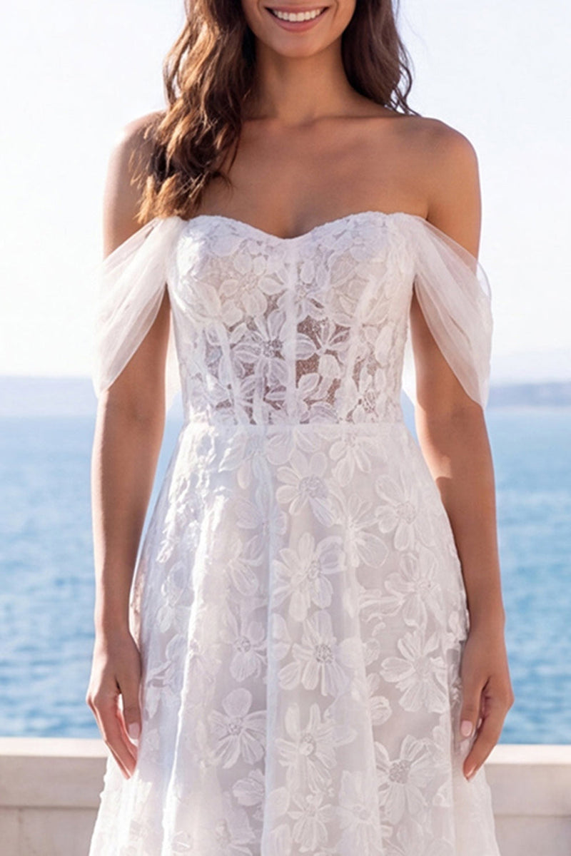 Load image into Gallery viewer, Ivory Off the Shoulder Lace Floral A Line Sweep Train Corset Boho Wedding Dress