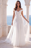 Load image into Gallery viewer, Cut Out Off the Shoulder Ivory A Line Beach Sweep Train Wedding Dress with Cape