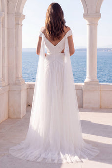 Cut Out Off the Shoulder Ivory A Line Beach Sweep Train Wedding Dress with Cape