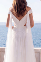 Load image into Gallery viewer, Cut Out Off the Shoulder Ivory A Line Beach Sweep Train Wedding Dress with Cape