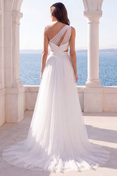 Ruched Cut Out Ivory One Shoulder A Line Sweep Train Beach Wedding Dress with Slit