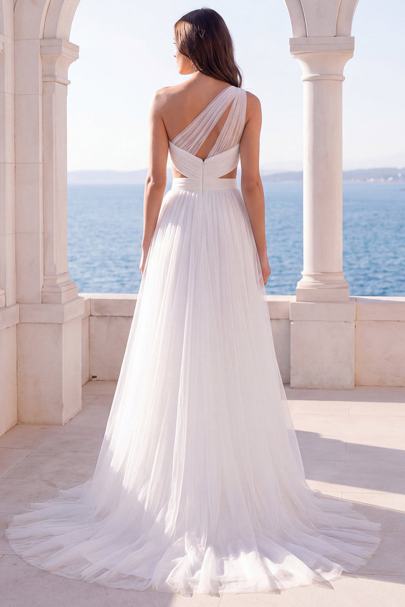 Load image into Gallery viewer, Ruched Cut Out Ivory One Shoulder A Line Sweep Train Beach Wedding Dress with Slit