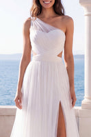 Load image into Gallery viewer, Ruched Cut Out Ivory One Shoulder A Line Sweep Train Beach Wedding Dress with Slit