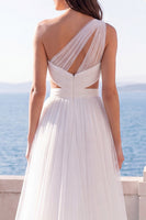 Load image into Gallery viewer, Ruched Cut Out Ivory One Shoulder A Line Sweep Train Beach Wedding Dress with Slit