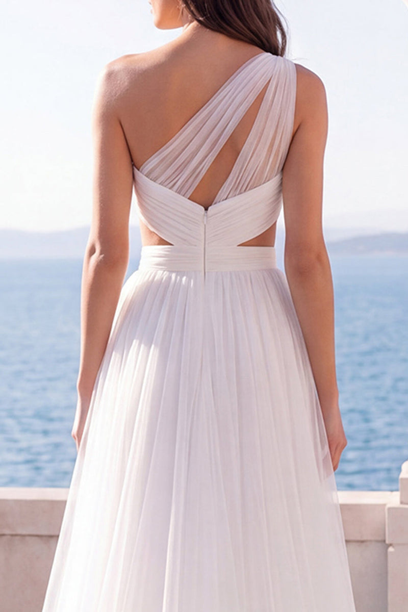 Load image into Gallery viewer, Ruched Cut Out Ivory One Shoulder A Line Sweep Train Beach Wedding Dress with Slit