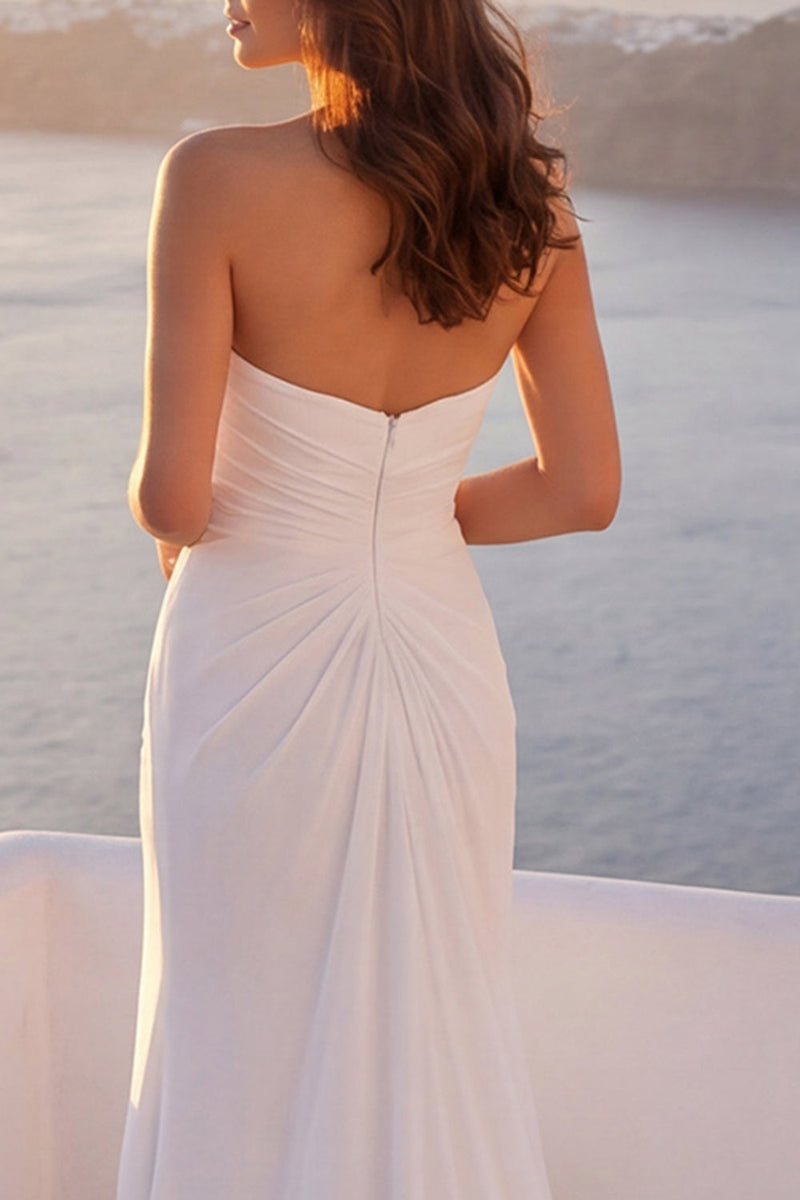 Load image into Gallery viewer, Ruched Strapless Mermaid Ivory Sweep Train Beach Wedding Dress with Slit
