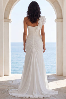 Mermaid Ruched Ivory Sweep Train Ruffled Beach Wedding Dress with Slit
