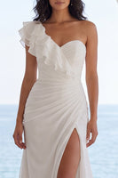 Load image into Gallery viewer, Mermaid Ruched Ivory Sweep Train Ruffled Beach Wedding Dress with Slit