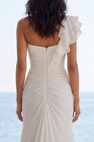 Load image into Gallery viewer, Mermaid Ruched Ivory Sweep Train Ruffled Beach Wedding Dress with Slit