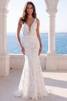 Load image into Gallery viewer, Mermaid Ivory V-Neck Lace Floral Sweep Train Boho Wedding Dress