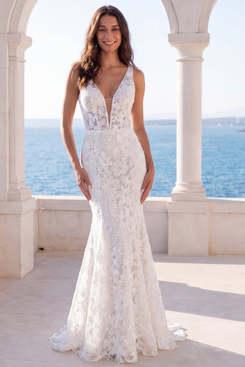 Load image into Gallery viewer, Mermaid Ivory V-Neck Lace Floral Sweep Train Boho Wedding Dress