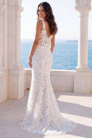 Load image into Gallery viewer, Mermaid Ivory V-Neck Lace Floral Sweep Train Boho Wedding Dress