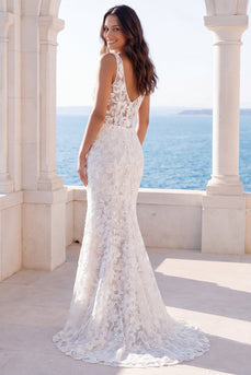 Mermaid Ivory V-Neck Lace Floral Sweep Train Boho Wedding Dress