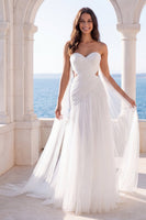 Load image into Gallery viewer, Ivory Sweetheart Cut Out A Line Sweep Train Beach Wedding Dress with Cape