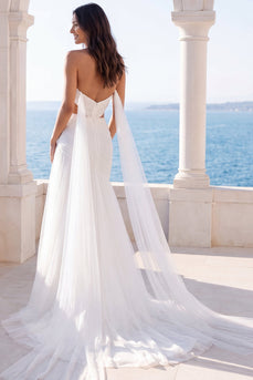 Ivory Sweetheart Cut Out A Line Sweep Train Beach Wedding Dress with Cape