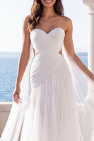 Load image into Gallery viewer, Ivory Sweetheart Cut Out A Line Sweep Train Beach Wedding Dress with Cape