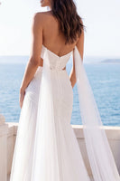 Load image into Gallery viewer, Ivory Sweetheart Cut Out A Line Sweep Train Beach Wedding Dress with Cape