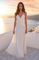Load image into Gallery viewer, Ivory Ruched V-Neck A Line Sweep Train Beach Wedding Dress with Pearls