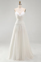 Load image into Gallery viewer, Ivory Ruched V-Neck A Line Sweep Train Beach Wedding Dress with Pearls