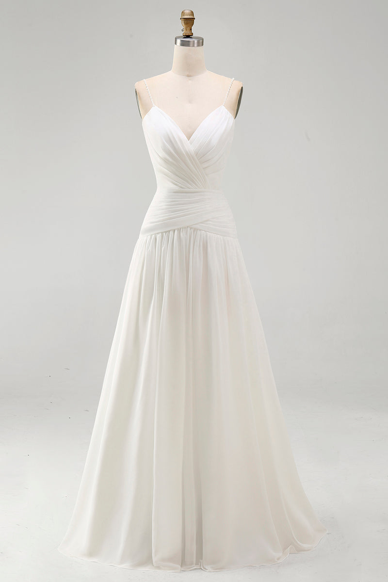 Load image into Gallery viewer, Ivory Ruched V-Neck A Line Sweep Train Beach Wedding Dress with Pearls