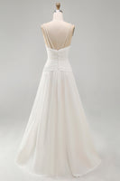 Load image into Gallery viewer, Ivory Ruched V-Neck A Line Sweep Train Beach Wedding Dress with Pearls