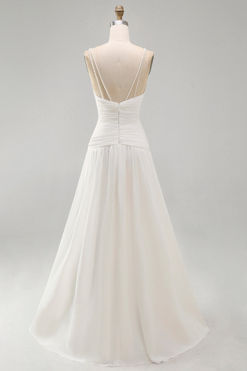 Load image into Gallery viewer, Ivory Ruched V-Neck A Line Sweep Train Beach Wedding Dress with Pearls