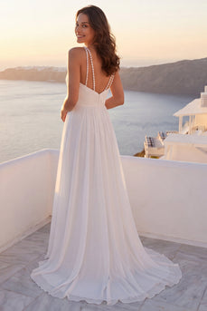 Ivory Ruched V-Neck A Line Sweep Train Beach Wedding Dress with Pearls