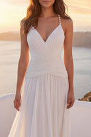 Load image into Gallery viewer, Ivory Ruched V-Neck A Line Sweep Train Beach Wedding Dress with Pearls