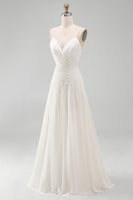 Load image into Gallery viewer, Ivory Ruched V-Neck A Line Sweep Train Beach Wedding Dress with Pearls
