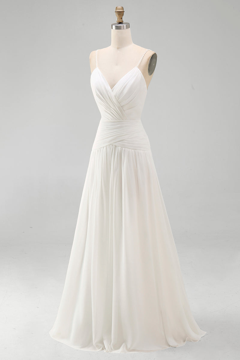 Load image into Gallery viewer, Ivory Ruched V-Neck A Line Sweep Train Beach Wedding Dress with Pearls