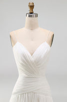 Load image into Gallery viewer, Ivory Ruched V-Neck A Line Sweep Train Beach Wedding Dress with Pearls