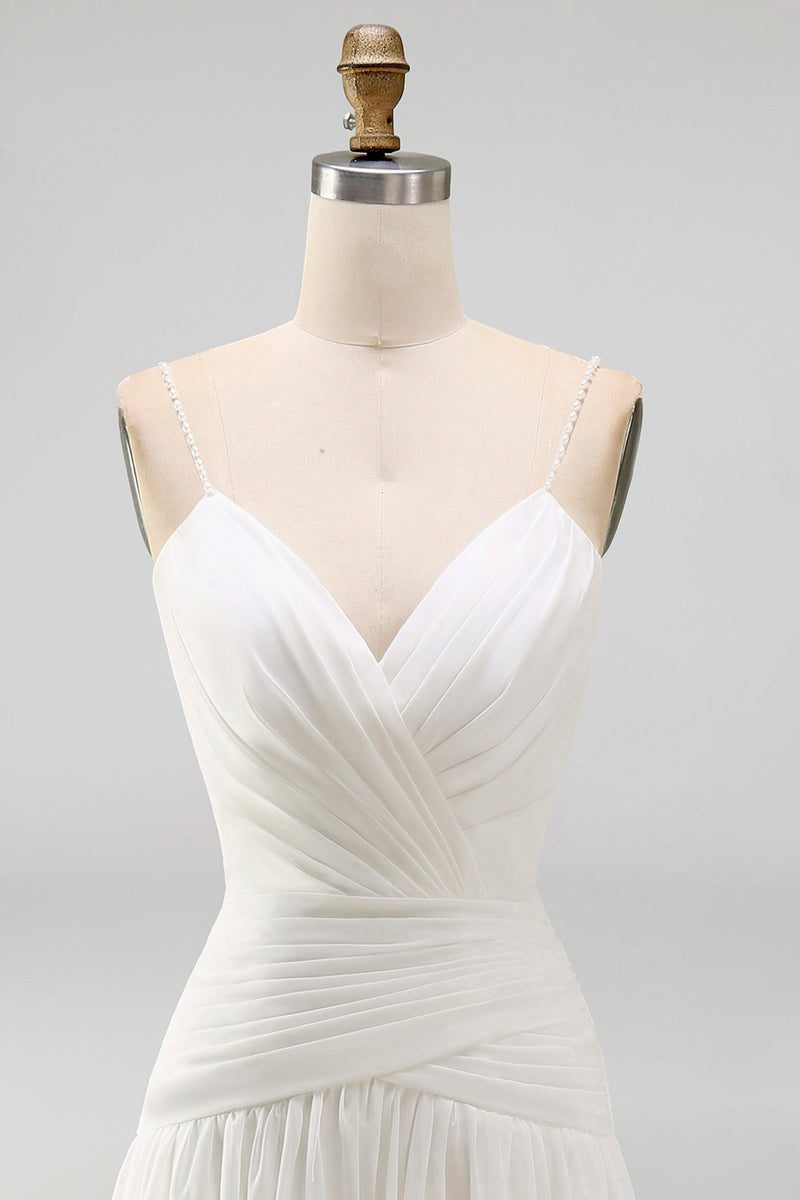 Load image into Gallery viewer, Ivory Ruched V-Neck A Line Sweep Train Beach Wedding Dress with Pearls