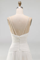 Load image into Gallery viewer, Ivory Ruched V-Neck A Line Sweep Train Beach Wedding Dress with Pearls