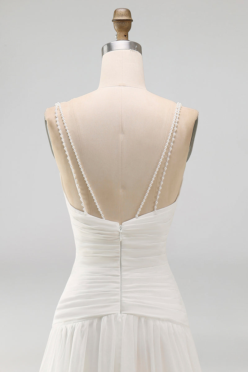 Load image into Gallery viewer, Ivory Ruched V-Neck A Line Sweep Train Beach Wedding Dress with Pearls