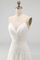 Load image into Gallery viewer, Ivory Ruched V-Neck A Line Sweep Train Beach Wedding Dress with Pearls