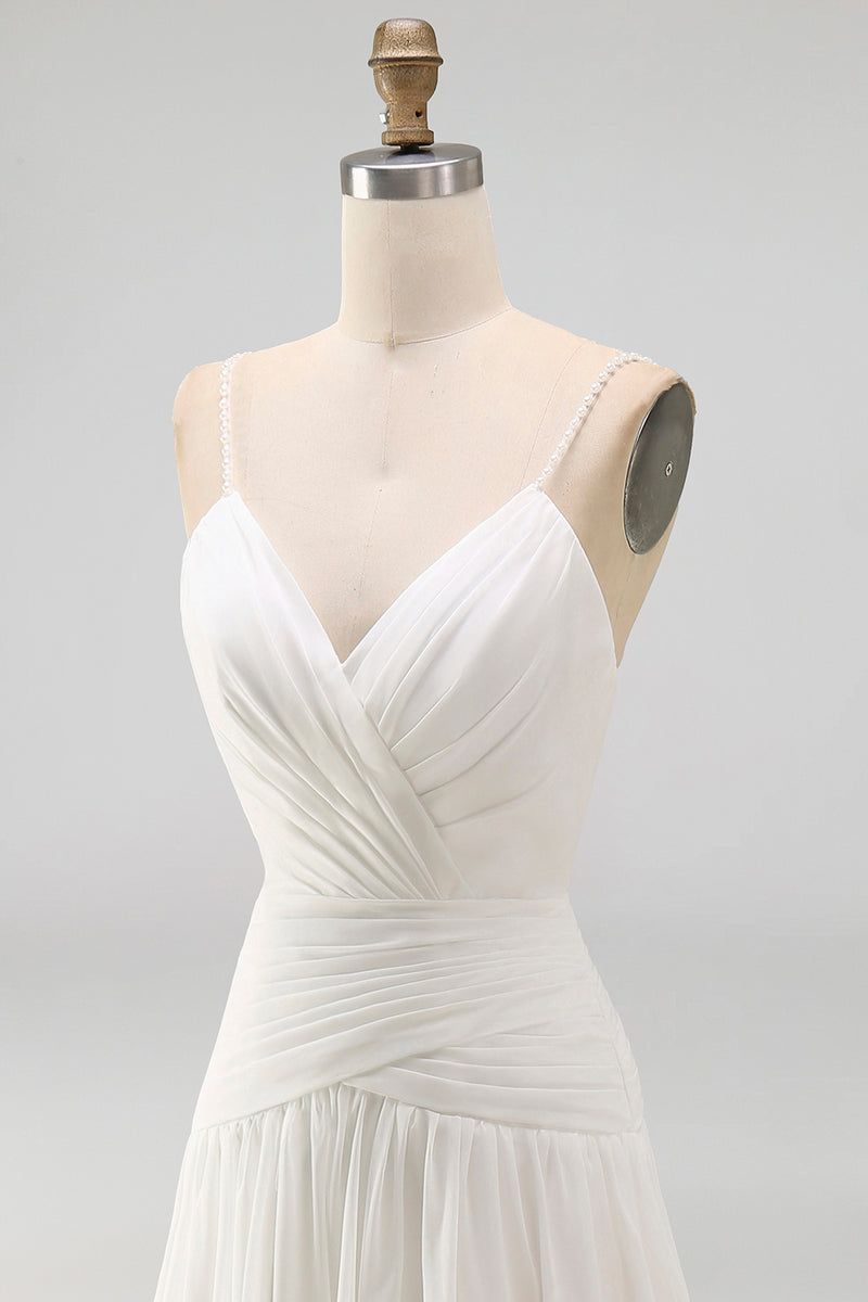 Load image into Gallery viewer, Ivory Ruched V-Neck A Line Sweep Train Beach Wedding Dress with Pearls