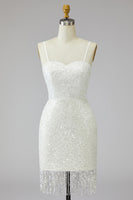 Load image into Gallery viewer, Tight Ivory Short Sparkly Spaghetti Straps Beaded Wedding Dress with Fringes