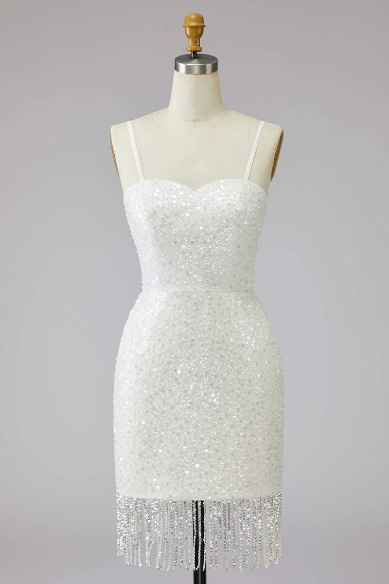 Load image into Gallery viewer, Tight Ivory Short Sparkly Spaghetti Straps Beaded Wedding Dress with Fringes