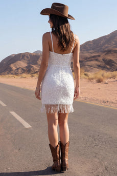 Tight Ivory Short Sparkly Spaghetti Straps Beaded Wedding Dress with Fringes