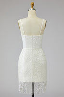 Load image into Gallery viewer, Tight Ivory Short Sparkly Spaghetti Straps Beaded Wedding Dress with Fringes