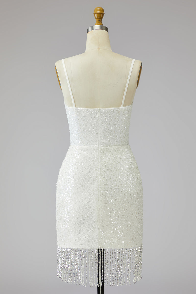 Load image into Gallery viewer, Tight Ivory Short Sparkly Spaghetti Straps Beaded Wedding Dress with Fringes