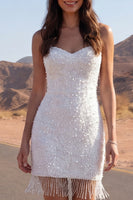 Load image into Gallery viewer, Tight Ivory Short Sparkly Spaghetti Straps Beaded Wedding Dress with Fringes