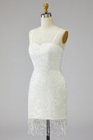 Load image into Gallery viewer, Tight Ivory Short Sparkly Spaghetti Straps Beaded Wedding Dress with Fringes