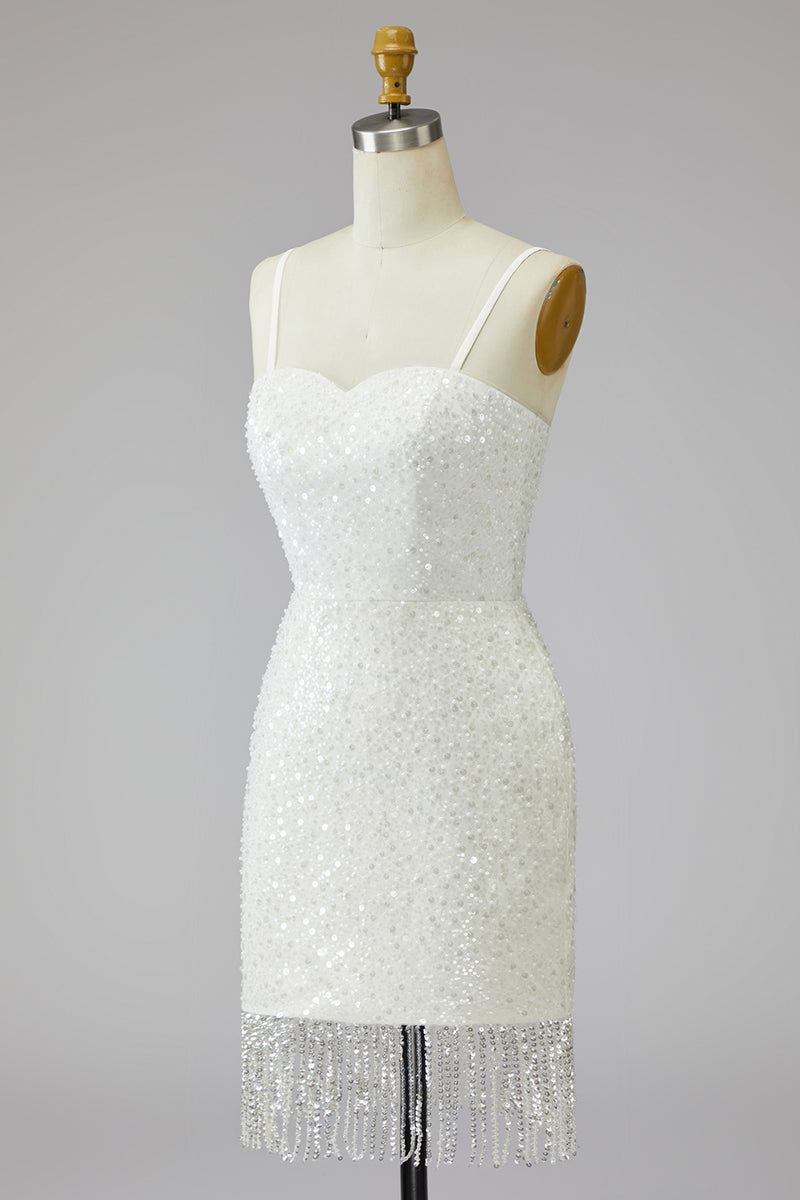 Load image into Gallery viewer, Tight Ivory Short Sparkly Spaghetti Straps Beaded Wedding Dress with Fringes