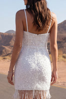Load image into Gallery viewer, Tight Ivory Short Sparkly Spaghetti Straps Beaded Wedding Dress with Fringes